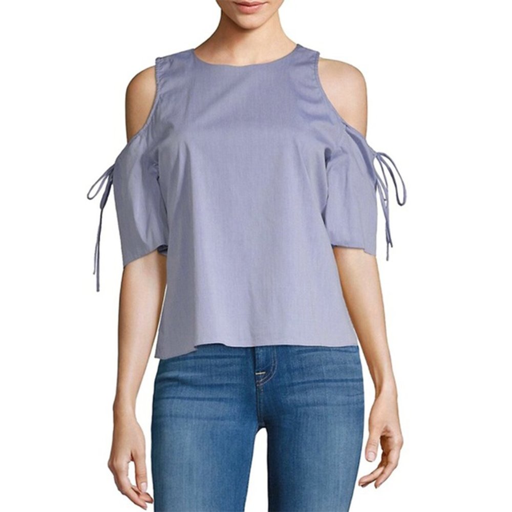 SAKS 5TH AVENUE Small Blue Cold Shoulder, Split Back, Round Neckline Top